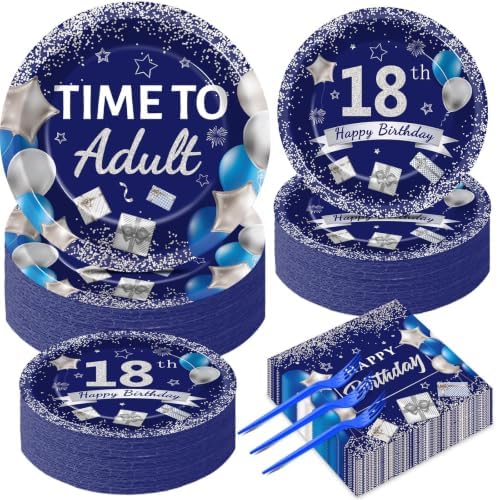 50 Guests 18th Birthday Party Supplies Decoration 18 Years Old Birthday Plates and Napkins Forks Time To Adult Tableware Blue Silver Happy 18th Birthday Party Paper Plates for Boys Girls Party 200PCS by gisgfim