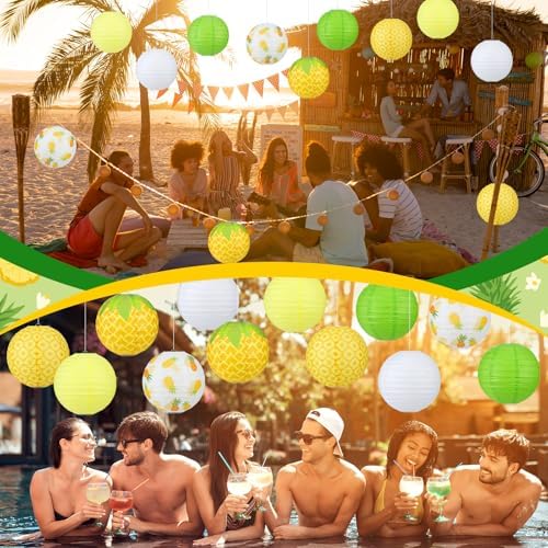 Panelee 12 Pcs Pineapple Party Decorations Hawaiian Party Hanging Supplies 8 Inches Round Paper Lanterns for Tropical Luau Birthday Holiday Bachelorette Decor Supplies - Image 4