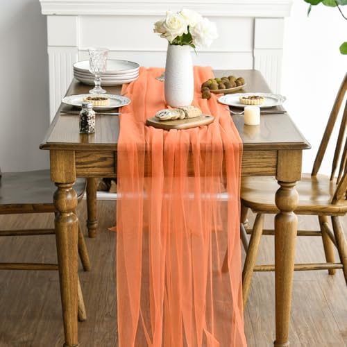 Artoid Mode Orange Gauze Table Runner 120 Inch 10FT, Seasonal Sheer Kitchen Dining Holiday Wedding Birthday Baby Shower Table Decor for Home Party - Image 3