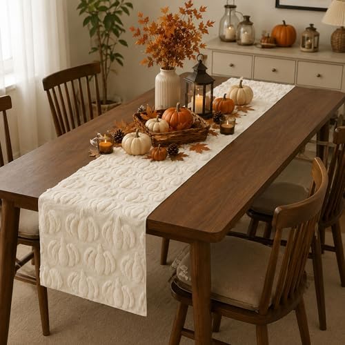 Fall Table Runner 13x72 Inch Soft Plush Faux Fur Jacquard Beige Pumpkin Table Runner, Seasonal Autumn Kitchen Dining Table Decoration for Home Party Decor ZR009A72 - Image 4