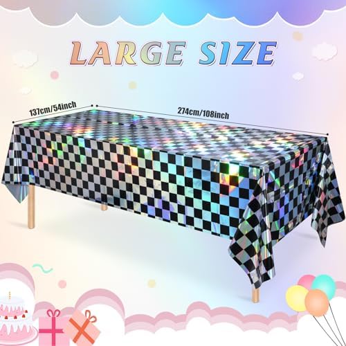 3Pack Black and Iridescent Checkered Plastic Tablecloth, Shiny Disposable Laser Rectangle Table Covers, Holographic Foil Tablecloth Iridescent Party Decorations for Picnic Camping Race Car, 54x108Inch - Image 2