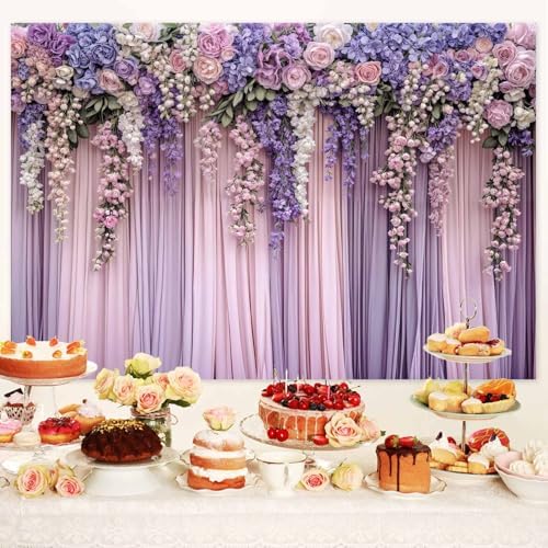 9x6ft Purple Flower Wedding Photography Backdrop Lavender Floral Wedding Bridal Photography Backdrop Anniversary Birthday Baby Shower Girl Party Banner Photo Booth Props Background Wall Decor - Image 2