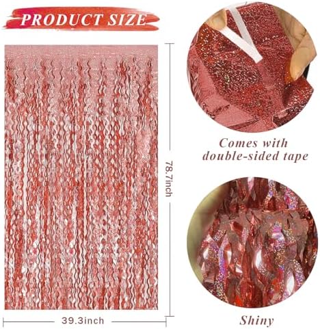 Rose Gold Tinsel Foil Fringe Curtains Wavy Backdrop for Parties Sparkle Metallic Wavy Foil Fringe Backdrop Curtain Photo Booth Props Birthday Graduation Wedding Bachelorette Party Decorations - Image 2