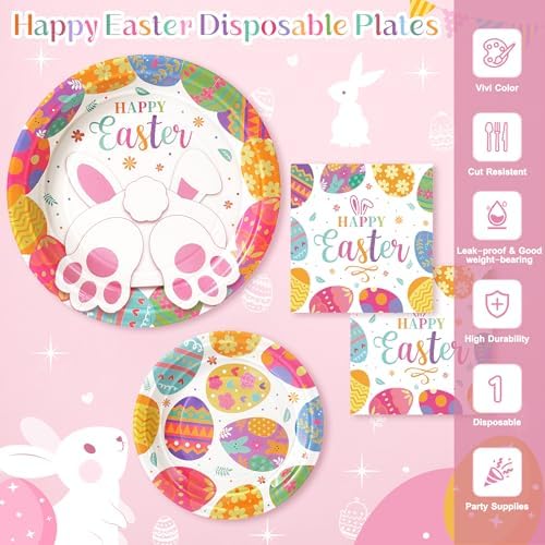 Happy Easter Plates and Napkins, 72PCS Colorful Easter Party Supplies, Bunny and Eggs Disposable Paper Plates, Spring Party Supplies, Rabbits Easter Party Decorations Serves 24 - Image 3