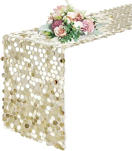 Pufogu 12 x 108 Inch Sequin Table Runner, Champagne Glitter Premium Big Sequin Table Runner, Rectangle Table Runners for Halloween, Christmas, Wedding Party, Birthday Party, Banquet Decor (1 Pack). by Pufogu