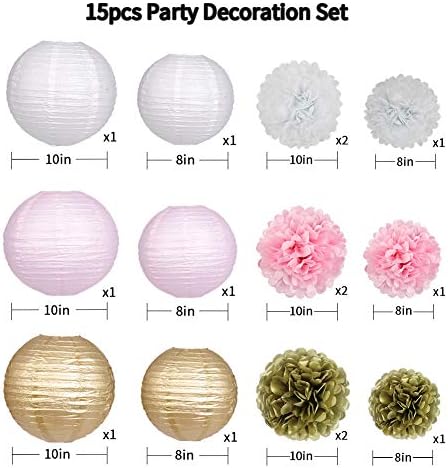 Paper Lanterns Paper Pom Poms Pink and Gold Party Decorations 15pcs - Image 2