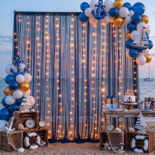 Shillance 30ft x 10ft Navy Blue Backdrop Curtain with Lights String for Parties, Sheer Tulle Wedding Photo Backdrops Drapes for Baby Shower Birthday Party Decorations Background for Photography - Image 2