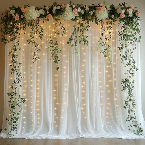 Tulle Curtain Backdrop with 300 LED Fairy Lights for Parites Wrinkle-Free Sheer Curtain Drapes Photo Back Drop for Wedding Baby Shower Bridal Shower Birthday Dance Home Décor- 10ft×10ft, White by HOLITS