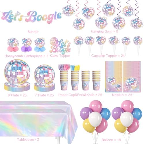 205pcs Colorful Disco Party Decorations Tableware Set, 25 Guests - Image 2
