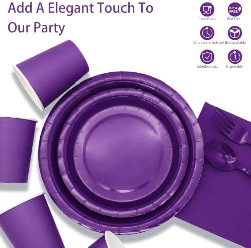 Purple Paper Plates Party Supplies,168pcs Purple Plates and Cups and Napkins Set for Mardi Gras Birthday Decorations Disposable Dinnerware Sets for Girls Birthday, Wedding,Halloween Serve 24 - Image 3