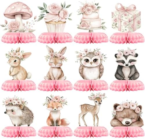 12 Pcs Girl Woodland Baby Shower Decorations - Pink Woodland Baby Shower Centerpieces for Tables - Woodland Animals Honeycomb Table Decor with Fox Deer Bunny Owl for Girl Baby Shower 1st Birthday by Unknown