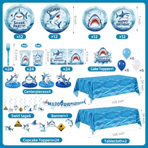 182 Pcs Shark Birthday Party Decorations (Serves 24), Shark Party Decorations Include Banner Hanging Plates Napkins Cups Forks Tablecloth Topper Balloons for Party - Image 2