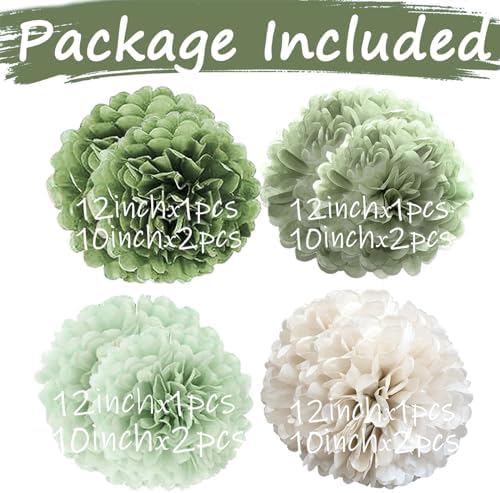 Tissue Paper Pom Poms Kit Paper Flowers 12pieces for Gender Baby Shower Wedding Bridal Bachelorette Birthday Party Decorations (Sage Olive Green) - Image 2