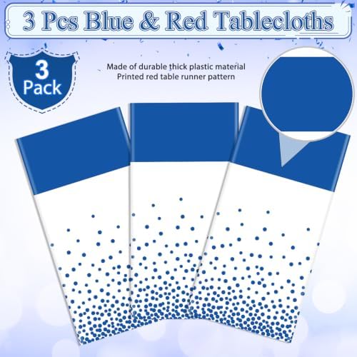 MASHAN 3Pcs White and Blue Tablecloth Party Decorations,Plastic Black Table Cloth Printed Blue Table Runner Disposable Rectangle Cover for Birthday Wedding Anniversary Graduation Party,54 x108 Inch - Image 4