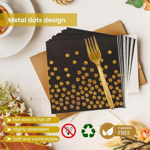 75PCS Black and Gold Paper Plates and Napkins Party Supplies, Disposable Black Gold Dessert Plates Black Napkins Tableware Dinnerware Set for Birthday Retirement Weddings Baby Shower Party Decor - Image 4