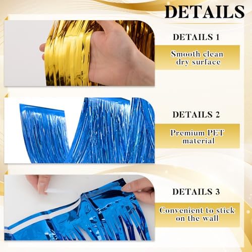 Breling 4 Pcs Blue Gold Ceiling Fringe Curtains, Foil Drapes, 15 ft - Image 4