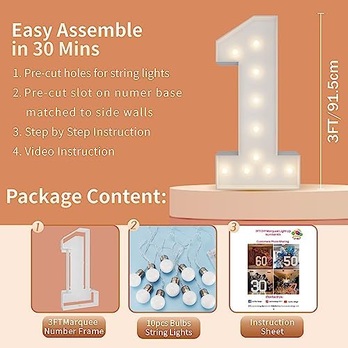 3FT Marquee Numbers, Large Light Up Numbers 1 for 1st Birthday Party Decor - Image 5