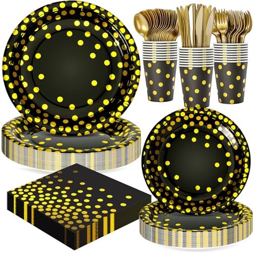 Black and Gold Dots Party Plates,168PCS Birthday Tableware Party Supplies by FightingtoAchieve
