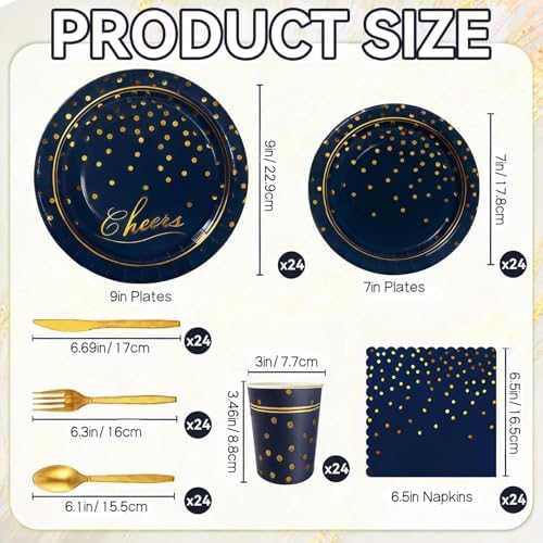 168Pcs Blue and Gold Paper Plates and Napkins Party Supplies for 24 Guest - Image 3
