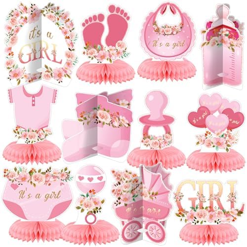 Pickmesh 12 Pcs Pink Baby Shower Decorations Honeycomb Centerpieces for Girls Floral It's a Girl Gender Reveal Table Centerpiece Party Supplies Baby Girl Pregnancy Announcement Table Topper by Pickmesh