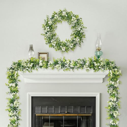 6FT Eucalyptus Garland with Flowers, 8 Pack Artificial Greenery Garland Hanging Faux Eucalyptus Garland Suitable for Table Wedding Backdrop Arch Wall Party UV Protected Indoor Outdoor Decor by HIAGROW