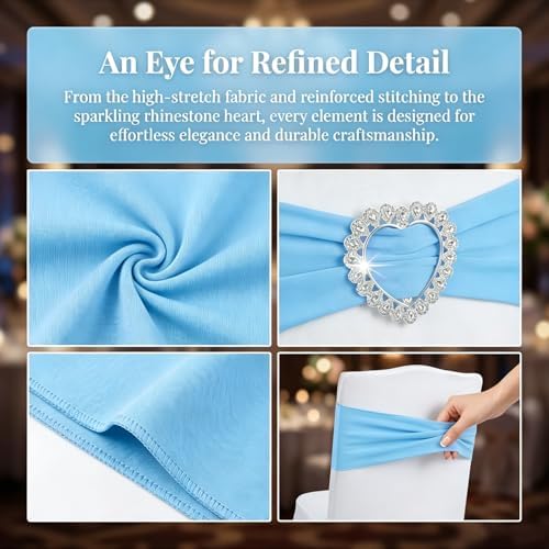 150PCS Spandex Stretch Chair Sashes with Buckle Slider, Elastic Chair Cover Bands Bows for Wedding Party Reception Events Universal Ceremony Banquet Decorations (Sky Blue) - Image 4