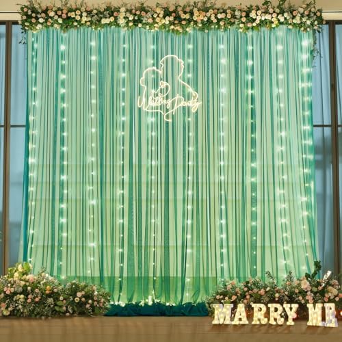 Hunter Green Tulle Backdrop Curtains with Lights String for Parites 10x8ft Sheer Backdrop Curtains Drapes for Birthday Party Bridal Shower Baby Shower Photo Booth Background Decorations - Image 5