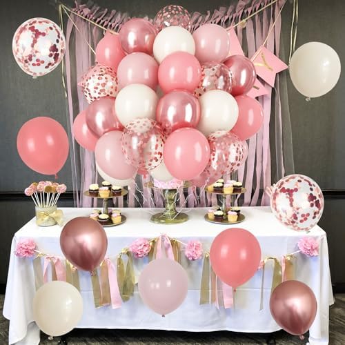 Dusty Pink Balloon Set, 60Pcs 12 Inch Retro Blush Pink White Sand Nude Latex Balloon with Metallic Confetti Rose Pink Helium Balloon for Girls Women Birthday Party Baby Shower Boho Decoration Supplies - Image 6