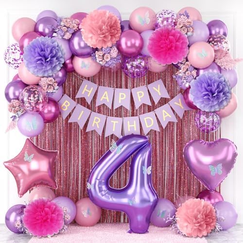 Pink Purple 4th Birthday Party Decoration for Girls Number 4 Princess Decor by KAINSY