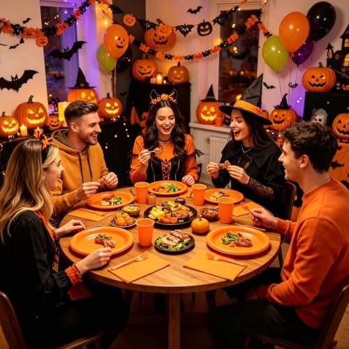 200pcs Disposable Orange Plastic Party Plates for Thanksgiving, Halloween - Image 6