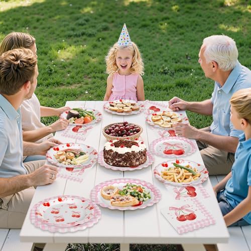 40 Pcs Cherry Birthday Decorations - Pink Bows Plates and Napkins Party Supplies, Disposable Scalloped Bowknot Paper Dinner Plates Napkins Sets for Fruits Cherry Table Party Decor Favors, Serves 20 - Image 6