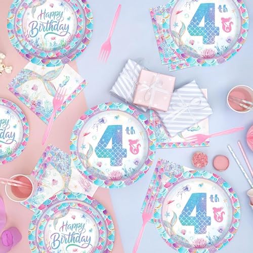 Greencian 96Pcs 4th Mermaid Birthday Party Decoration for Girls, Serve 24 - Image 6