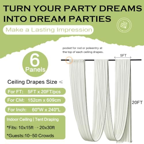 6 Panels 5ft(W) x 20ft(L) Ivory Ceiling Drapes for Wedding Parties - Image 6