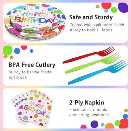 Multicolor Birthday Decorations Plates Set for 25 Guests, 100 Pieces Birthday Paper Plates Napkins Forks with Colorful Dots Design Tableware for Kids Boys Girls - Image 7