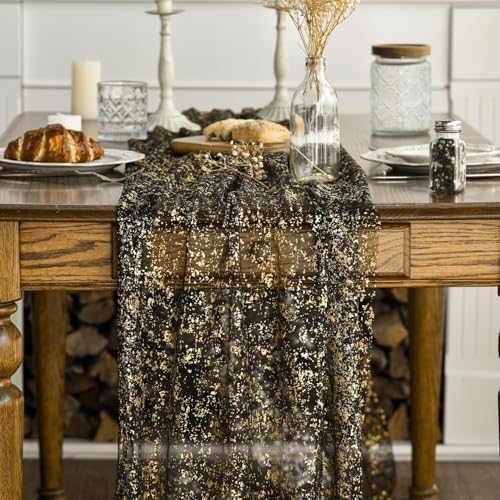 Artoid Mode 6Pcs Black Gold Gauze Table Runner 120 Inch 10FT, Glitter Metallic Foil Sheer Dining Wedding Anniversary Holiday Birthday Table Decor for Home Party - Image 2