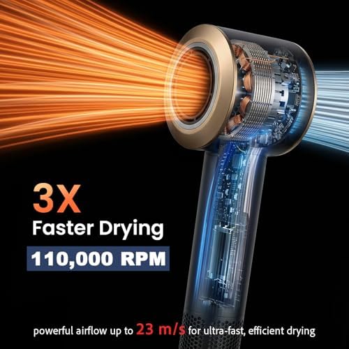 CIVEYA Dual Voltage Hair Dryer for European Travel & Home Use, 110,000RPM Fast Drying Ionic Blow Dryer with Diffuser, Lightweight/Quiet/Portable Hairdryer with 4 Temps, 3 Speeds & Cool Shot Black - Image 4