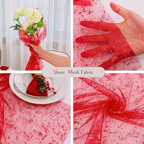 Snowkingdom 6 Pcs Red Glitter Table Runner 10 FT, Sheer Chiffon Sparkle Gauze Cheesecloth Mesh Runners 120 Inch, Red Table Centerpieces Decoration for Birthday Party Wedding Christmas Mothers Day - Image 3