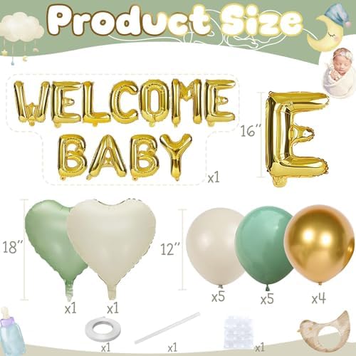 Sage Green Gold Baby Shower Decorations, WELCOME BABY Letter Foil Balloons Banner Backdrop Set with Olive Green Beige Apricot Latex & Heart Balloon for Newborn Infant Babyboy Babygirl Party Decor - Image 2
