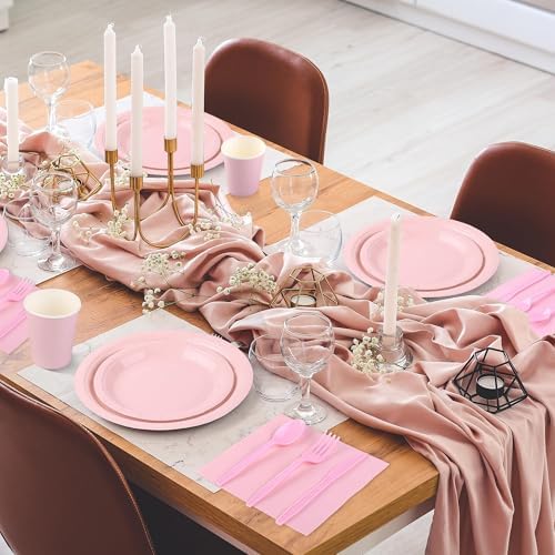 Kochorie 350 Pcs Pink Paper Dinnerware Set, 7 & 9 Inch Disposable Pink Dessert Plates Cups Napkins Cutlery Party Supplies for Birthday Wedding Baby Shower Party Decoration, Serve 50 - Image 5