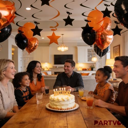 Orange Black Hanging Swirl Decorations - 32 Pcs Metallic Ceiling Swirls with Foil Stars, Plastic Streamers for Graduation, Halloween, Thanksgiving, Fall Autumn, Birthday, Sports Party Supplies - Image 7