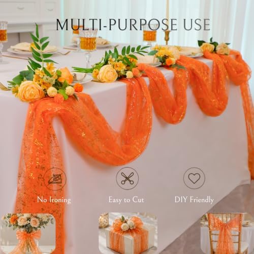 3Pcs Orange Gold Table Runner Metallic Foil Shimmer Sheer Gauze Decor 10ft - Image 6