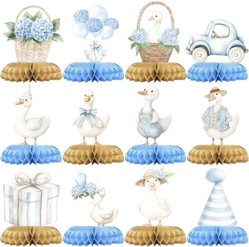 12 Pcs Blue Goose Baby Shower Decorations for Boy - Silly Goose Baby Shower Centerpieces for Tables - Blue Goose Honeycomb Table Decor with Balloon Car for Boy Baby Shower 1st Birthday by Unknown