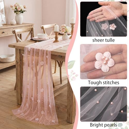 6 Pcs 29x120'' Pearl Tulle Table Runner 10ft Wedding Tablecloth, Blush Pink - Image 5
