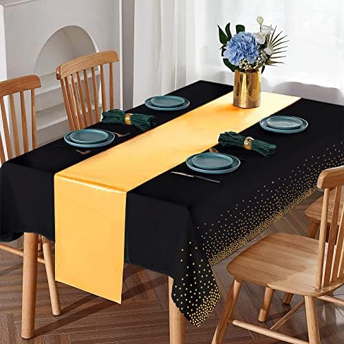 24Pack Disposable Plastic Tablecloths and Satin Table Runner Set Black Gold Dot Table Cloth Gold Satin Table Runner for Graduation Wedding Birthday Baby Shower Anniversary Holiday Party Decorations - Image 4