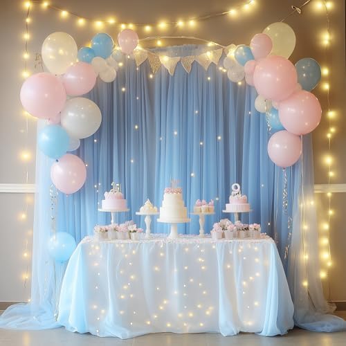 Tulle Backdrop Curtain with Lights 10x8FT Baby Blue Sheer Curtains - Image 2