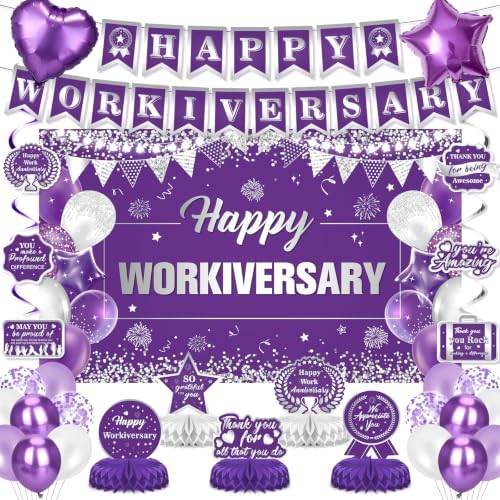 Happy Workiversary Decorations for Women Purple Silver Work Anniversary Banner Honeycomb Centerpieces Hanging Swirls Balloons Set for Office Employee Worker Anniversary Appreciation Party Supplies by LUUFILx