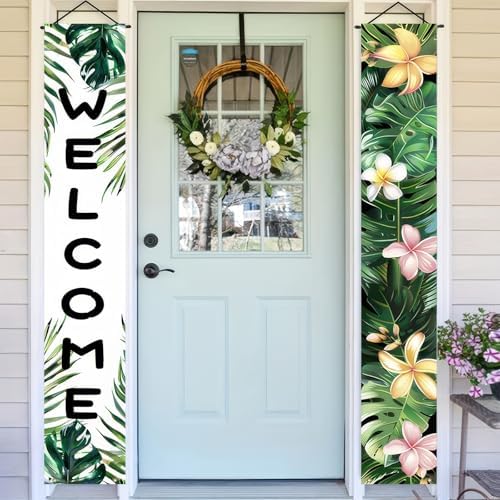 BlissYard 2pcs Welcome Summer Door Banner Hawaiian Porch Banners Sign Summer Sunshine Hibiscus Floral Front Door Hanging Decor Banner for Seasonal Home Hawaii Tropical Party Outdoor Decorations - Image 2