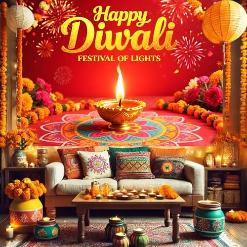 Diwali Backdrop Decorations 7x5ft Happy Diwali Banner Deepavali Festival of Lights Diyas for Home Party Supplies Photography Background Indoor Outdoor with19.68ft Ribbon - Image 4