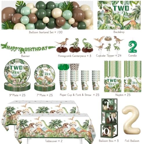 286 pcs Two Rex Birthday Decorations Boy, All-in-One Dinosaur 2nd Birthday Decorations Set for 25 Guests with Balloon Arch, Candle, Banner, Tablecloth, Backdrop, Cupcake Toppers, Thick Plates - Image 2