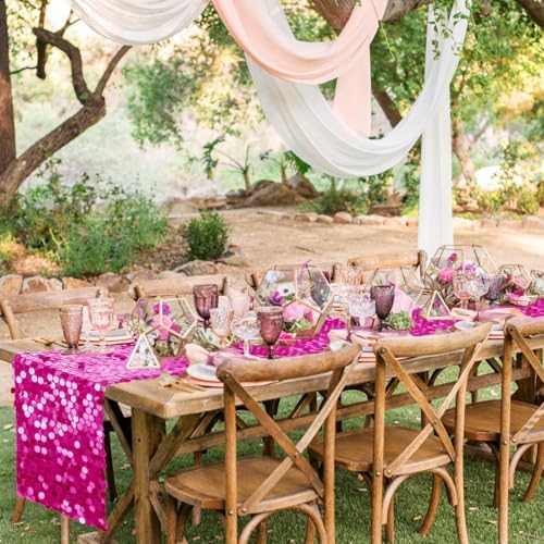 Pufogu 12 "x 108" Fuchsia Premium Big Payette Sequin Overlay Linens mesh Table Runner, Rectangle Glitter Table Runner for Wedding Party, Birthday Party, Banquet Decor (3 Pack). - Image 6